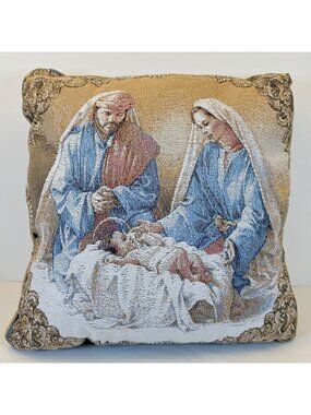 Vintage Nativity Tapestry Throw Pillow 16"x16" Tan Backing Mary Joseph Jesus